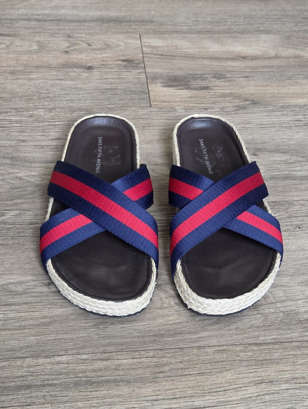 SAKS FIFTH AVENUE Navy & Red Crisscross Espadrille Slides - Picture 4 of 7